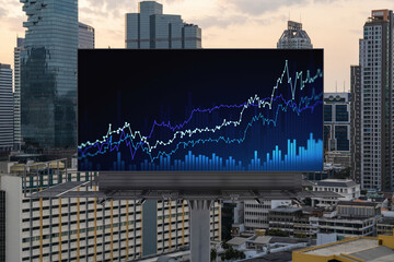 Glowing FOREX graph hologram on billboard, aerial panoramic cityscape of Bangkok at sunset. Stock and bond trading in Southeast Asia. The concept of fund management.