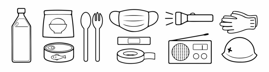 防災用品　シンプルなアイコンのセット　輪郭線