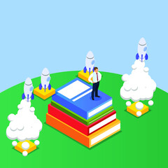 Businessman standing on stack of books with near rockets flying isometric 3d vector concept for banner, website, illustration, landing page, flyer, etc.