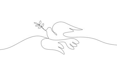 One line flying dove with branch as peace sign. Black and white no war icon. Continuous line drawing of peace symbol. Abstract vector illustration