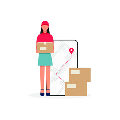 Girl courier delivered the parcel. Online shopping concept. Delivery app. Vector illustration