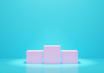 Pink product display podium in blue room. 3d rendering.
