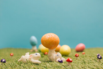 Easter bunny and Easter eggs on spring green grass Cute rabbit
Little bunny and eggs in spring...
