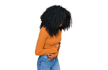 Young african american girl wearing casual clothes with hand on stomach because nausea, painful...