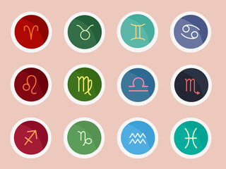 Fototapeta premium Set of vector icons with zodiac astrological signs in flat style with colored shadow