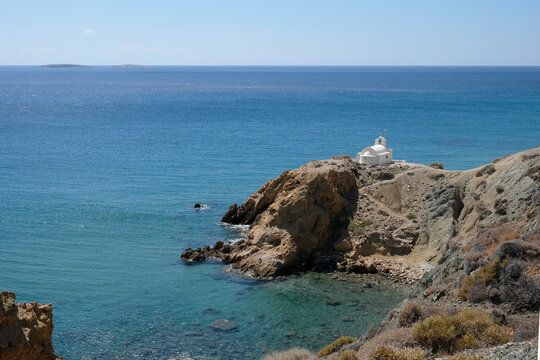 Anafi island - Wonderful view on the Anargyri coast, the eponymous small white church. Cyclades islands, Greece
