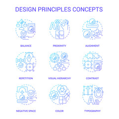 Design principles blue gradient concept icons set. Visual content trends idea thin line color illustrations. Isolated symbols. Editable stroke. Roboto-Medium, Myriad Pro-Bold fonts used