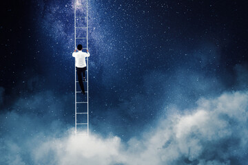Businessman climb on ladder toward sky at night - obrazy, fototapety, plakaty
