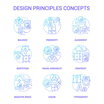 Design principles blue gradient concept icons set. Visual content trends idea thin line color illustrations. Isolated symbols. Editable stroke. Roboto-Medium, Myriad Pro-Bold fonts used