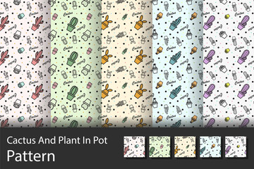Cactus And Plant In Pot Pattern - Vector