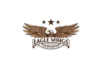 Retro Vintage American Eagle Falcon Hawk Badge Emblem with Spread Wings and Ribbon Logo Design Vector