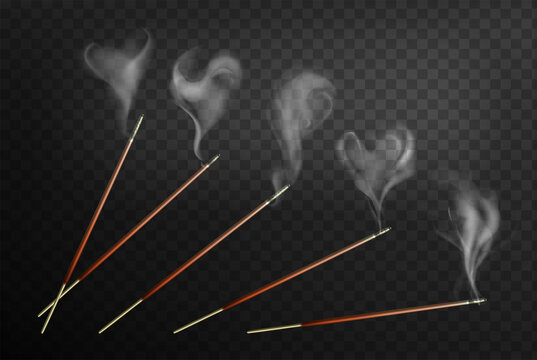 Joss incense sticks with steam smoke realistic 3d vector illustration. Wooden agarbatti isolated on dark background. Indian scented burning wooden stick for aromatherapy, meditation or room fragrance.
