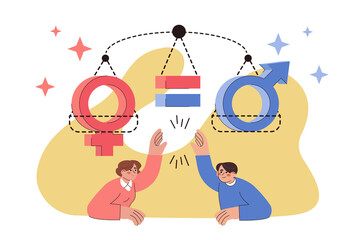 Equality between man and woman with female and male gender sign on scales. Flat people demonstrate gender identity, relationship balance, sex parity and equal opportunities. Concept of egalitarianism.