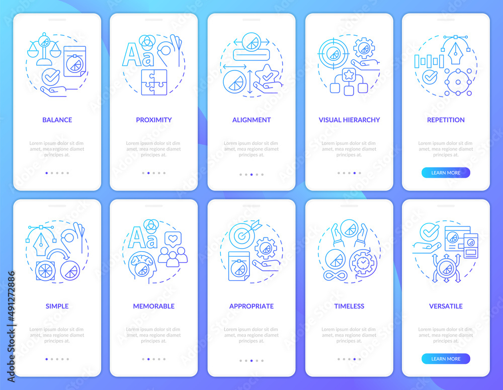 Wall mural design principles blue gradient onboarding mobile app screen set. content walkthrough 5 steps graphi