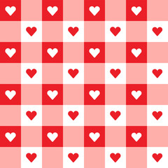 Red Heart Love Valentine's Day Gingham Pattern Square Background Vector Cartoon Illustration Tablecloth, Picnic mat wrap paper, Mat, Fabric, Textile, Scarf.