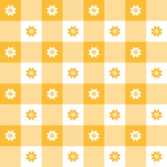 Cute Daisy Flower Sunflower Pastel Orange Checkered Plaid Gingham Pattern Background Vector Cartoon Illustration Tablecloth, Picnic mat wrap paper, Mat, Fabric, Textile, Scarf.