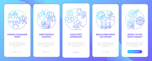 Good design importance blue gradient onboarding mobile app screen. Style walkthrough 5 steps graphic instructions pages with linear concepts. UI, UX, GUI template. Myriad Pro-Bold, Regular fonts used