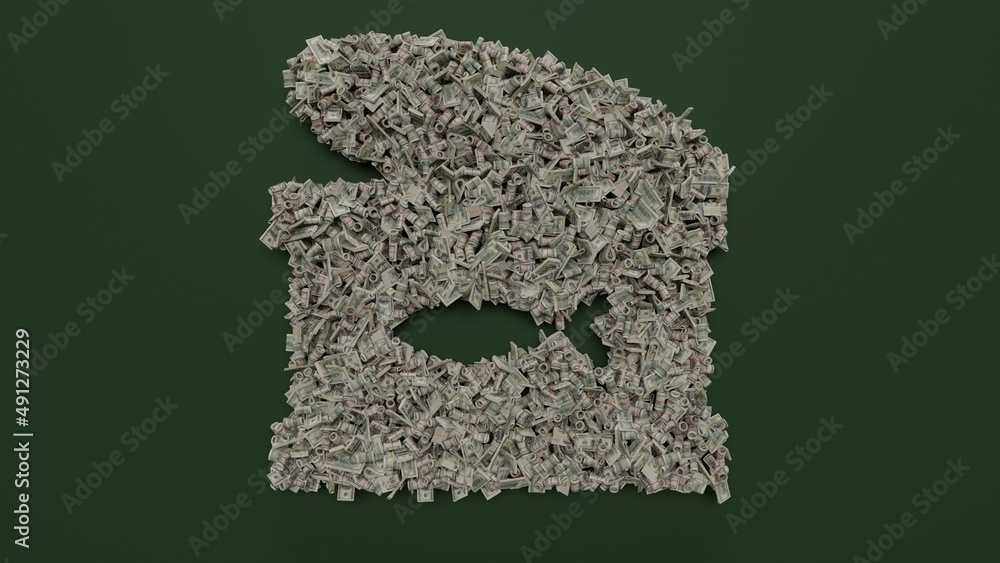 Poster 3d rendering of dollar cash rolls and stacks in shape of symbol of can fish on green background