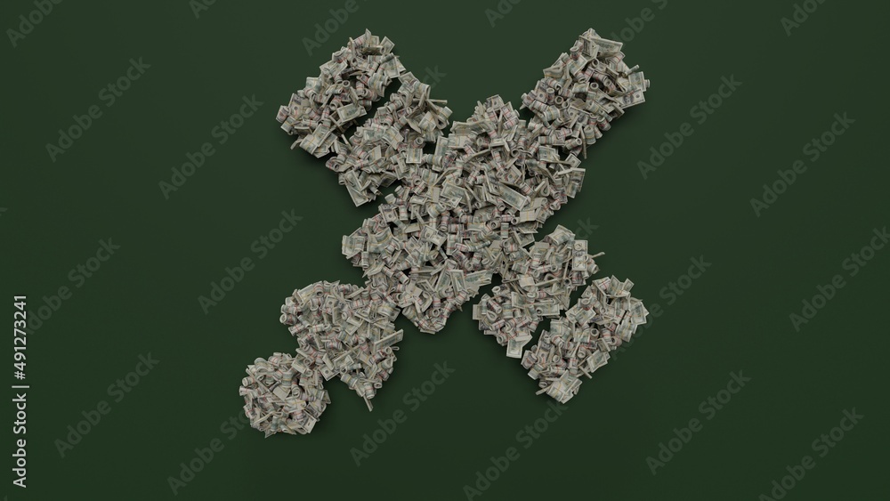 Poster 3d rendering of dollar cash rolls and stacks in shape of symbol of space satellite on green backgrou