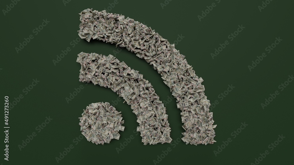 Poster 3d rendering of dollar cash rolls and stacks in shape of symbol of social rss on green background