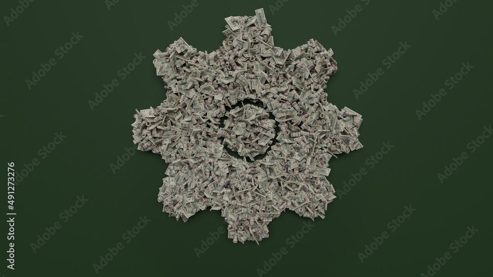 Poster 3d rendering of dollar cash rolls and stacks in shape of symbol of settings on green background