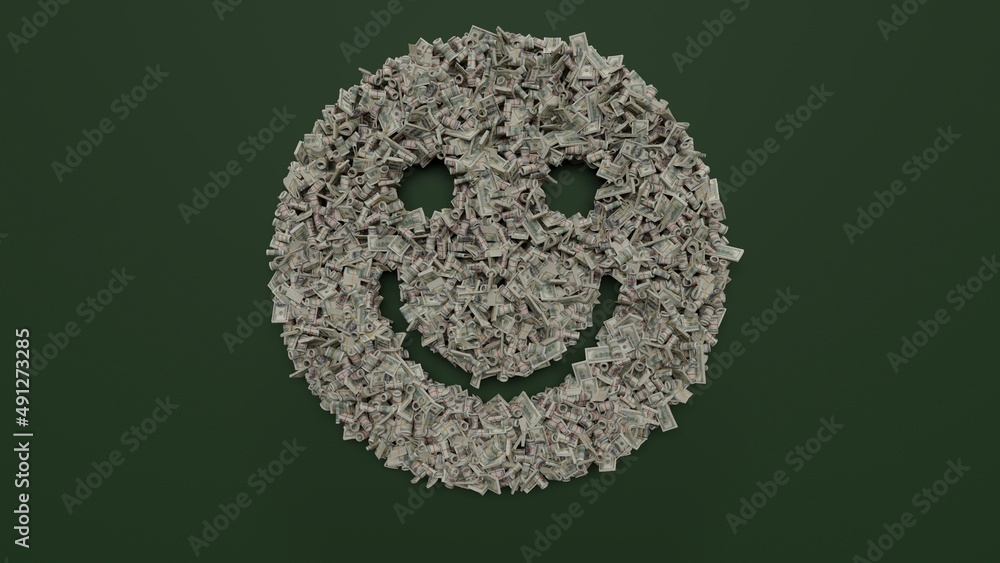 Poster 3d rendering of dollar cash rolls and stacks in shape of symbol of emoticons smile on green backgrou