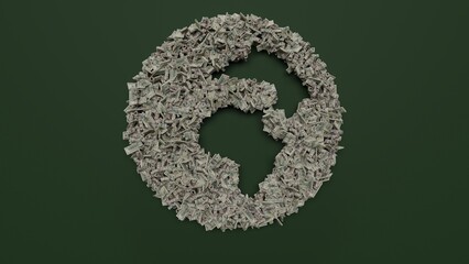 3d rendering of dollar cash rolls and stacks in shape of symbol of globe Africa on green background