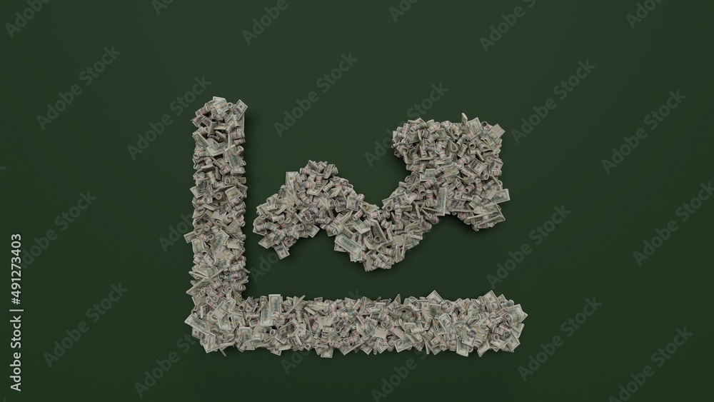 Poster 3d rendering of dollar cash rolls and stacks in shape of symbol of chart line on green background