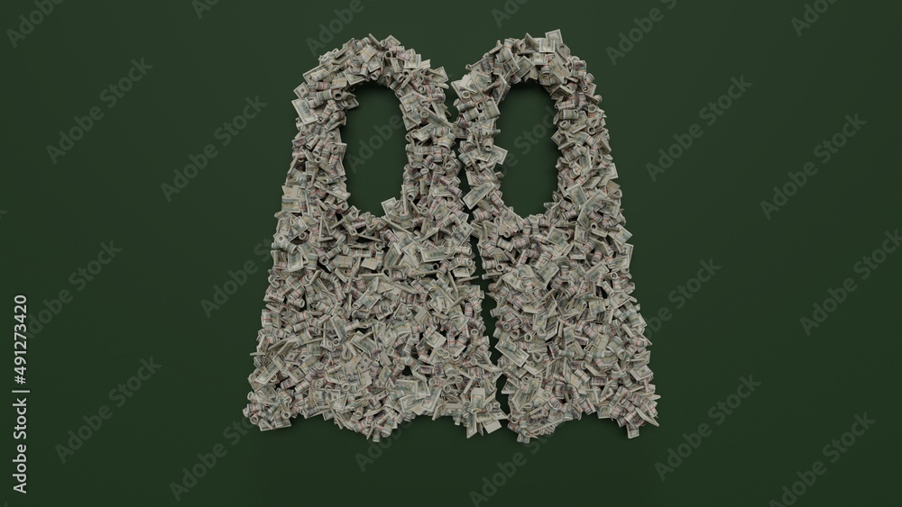 Poster 3d rendering of dollar cash rolls and stacks in shape of symbol of diving fins on green background