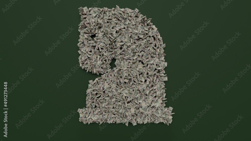 Poster 3d rendering of dollar cash rolls and stacks in shape of symbol of chess knight on green background