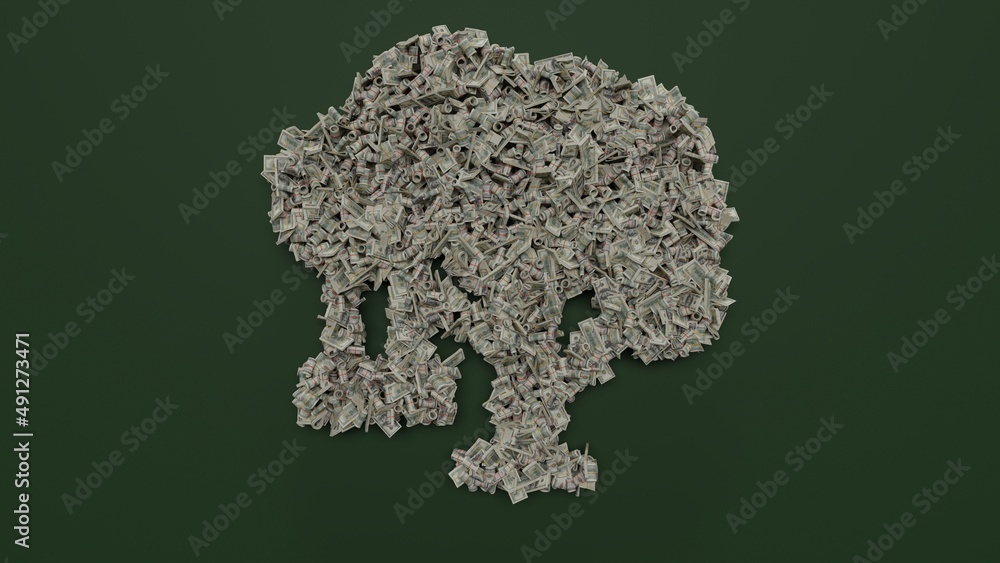 Poster 3d rendering of dollar cash rolls and stacks in shape of symbol of tree with swing on green backgrou