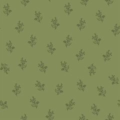 Vector green illustration. Floral seamless pattern. Bouquet of wild flowers. Hand drawn flower field. Simple flowers. Flowering heads of field chamomile. Outline drawing.