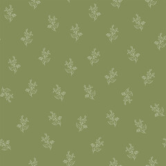 Vector green illustration. Floral seamless pattern. Bouquet of wild flowers. Hand drawn flower field. Simple flowers. Flowering heads of field chamomile. Outline drawing.