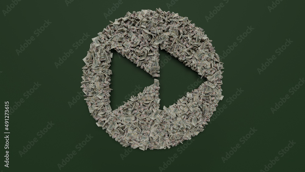 Poster 3d rendering of dollar cash rolls and stacks in shape of symbol of fast forward on green background