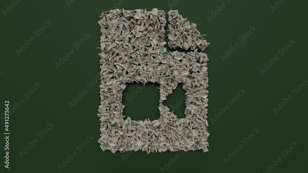 Aufkleber 3d rendering of dollar cash rolls and stacks in shape of symbol of file video on green background