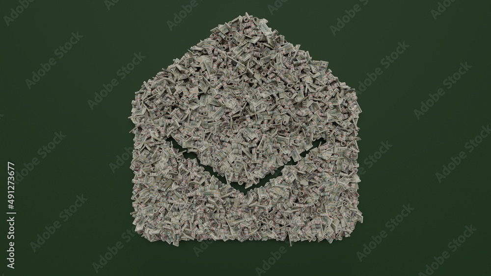 Poster 3d rendering of dollar cash rolls and stacks in shape of symbol of envelope open on green background