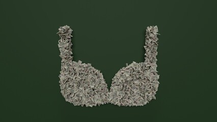3d rendering of dollar cash rolls and stacks in shape of symbol of bra on green background