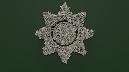 3d rendering of dollar cash rolls and stacks in shape of symbol of sun on green background