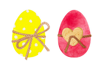Watercolor yellow and red Easter eggs with bow and heart. Hand painted illustration of spring clipart isolated on white. Artistic hand drawn holiday design elements for happy Easter cards decoration