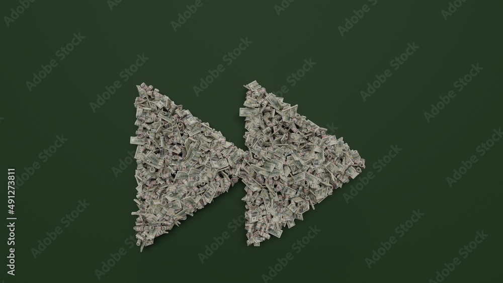 Poster 3d rendering of dollar cash rolls and stacks in shape of symbol of fast forward on green background