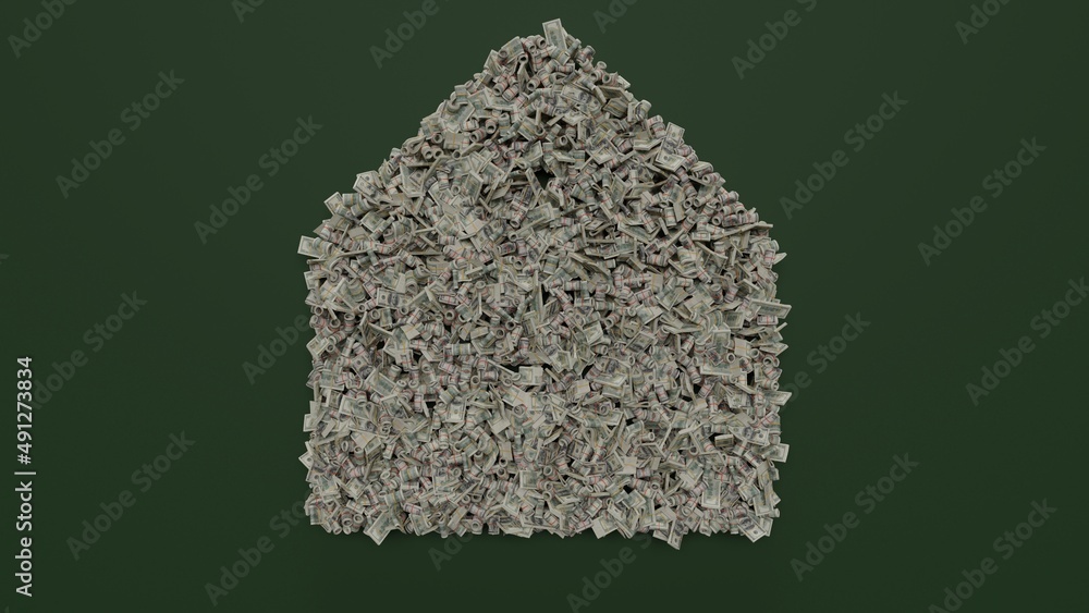 Poster 3d rendering of dollar cash rolls and stacks in shape of symbol of paper open envelope on green back