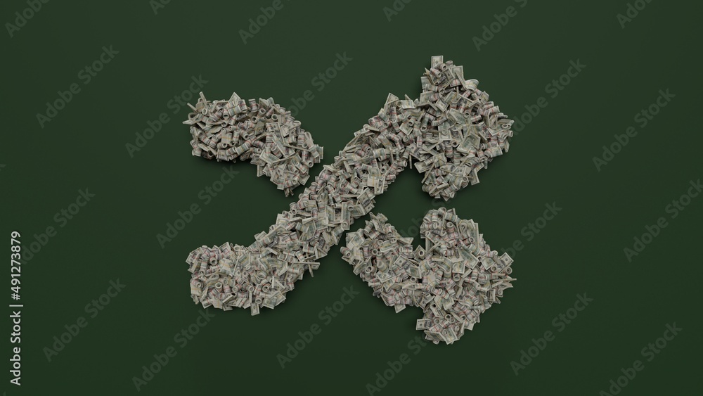 Poster 3d rendering of dollar cash rolls and stacks in shape of symbol of random on green background