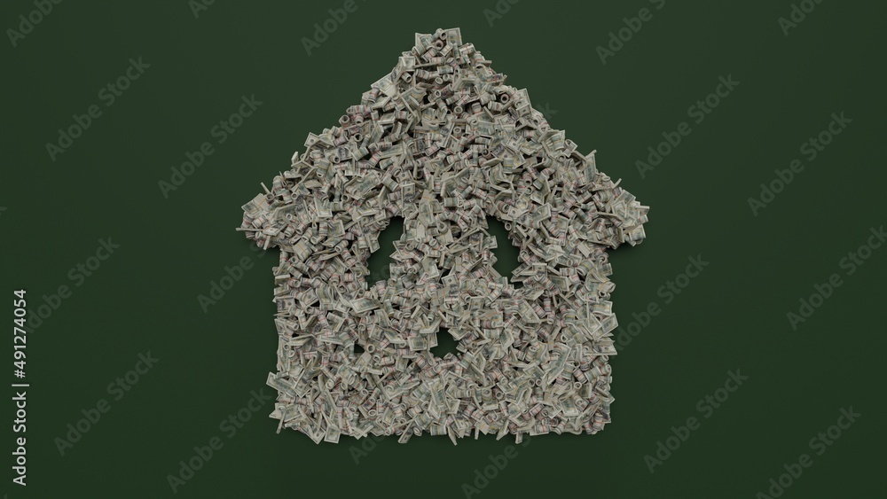Poster 3d rendering of dollar cash rolls and stacks in shape of symbol of house on green background