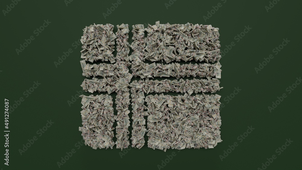 Poster 3d rendering of dollar cash rolls and stacks in shape of symbol of norway on green background