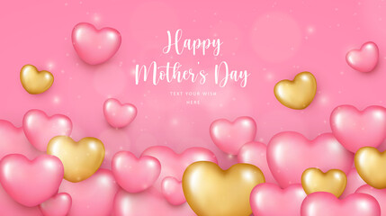 Happy mother's day pink golden love heart with bokeh background