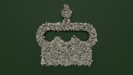 3d rendering of dollar cash rolls and stacks in shape of symbol of birthday cake on green background