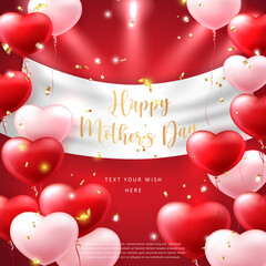 Happy mother's day 3D red and pink love heart balloon and golden ribbon spot light