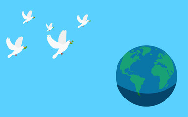 Naklejka premium dove with laurel in its mouth fly to earth on a blue background