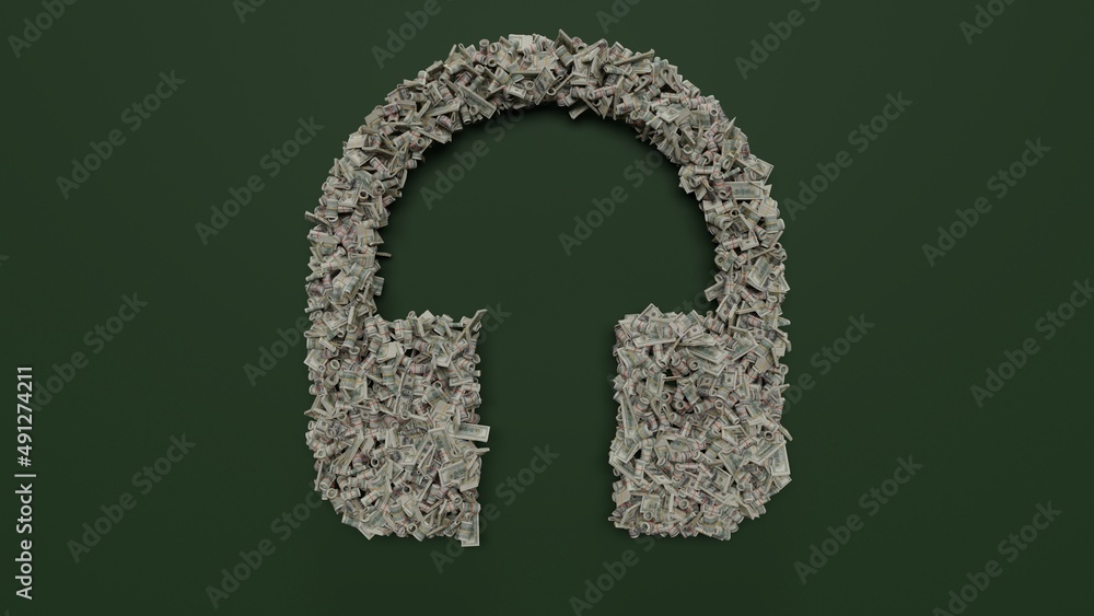 Poster 3d rendering of dollar cash rolls and stacks in shape of symbol of music01 on green background