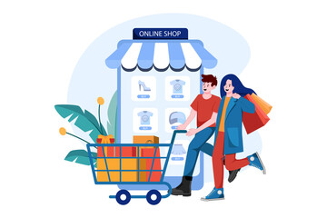The couple goes shopping chart in a mobile online shop.